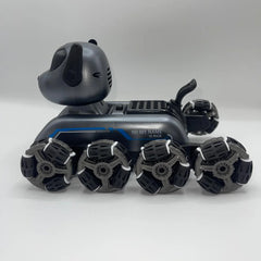 Toy robot with panda-like design on a white background