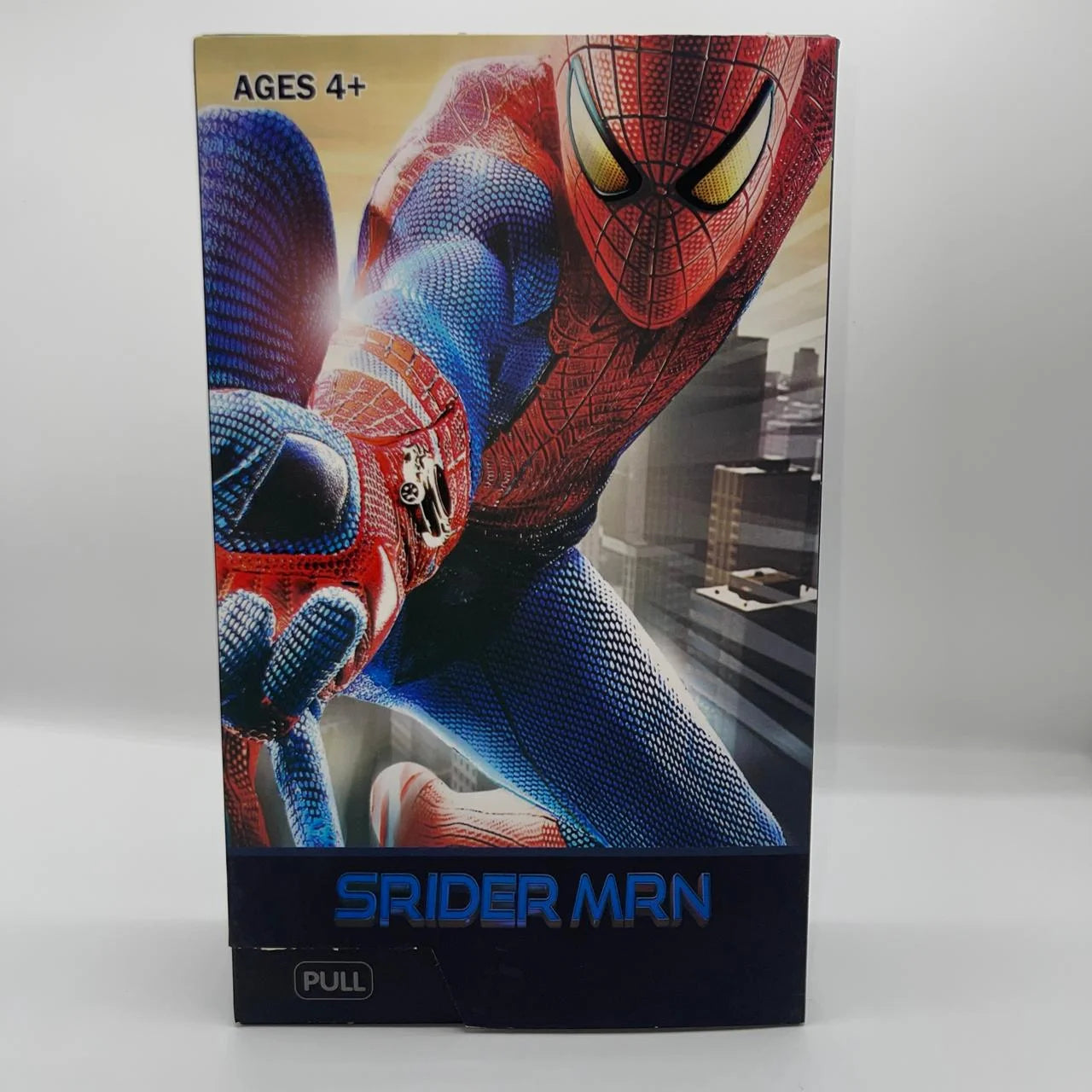 Spider-Man toy figure packaging with cityscape background