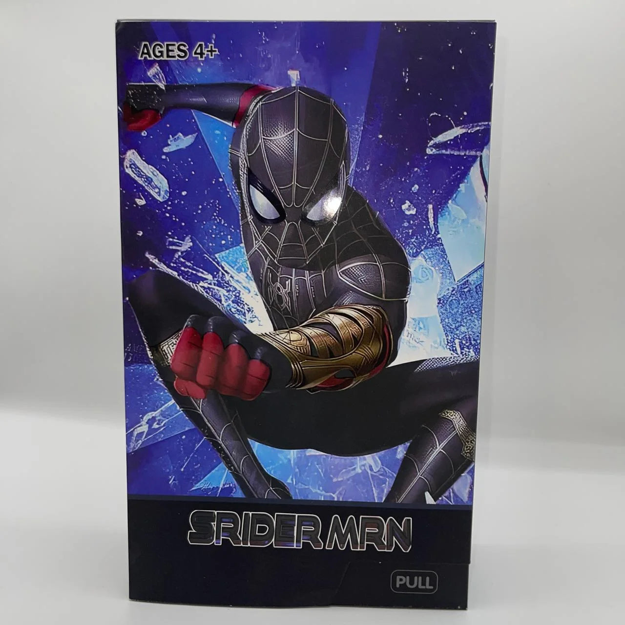 Spider-Man toy figure packaging with blue and black design