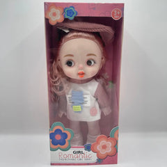 Toy doll in packaging with colorful flowers and text on a white background