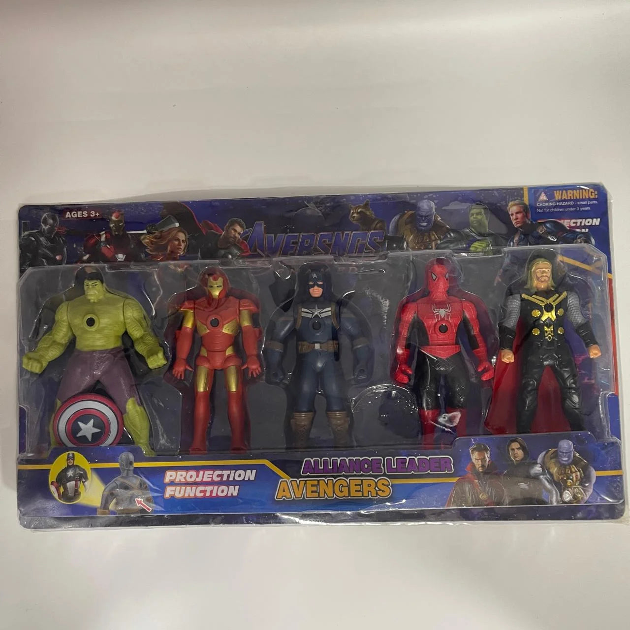 Packaged set of superhero action figures with 'Avengers' branding on a white background