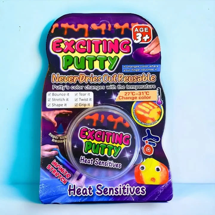 Exciting Putty packaging with colorful text and graphics on a blue background