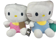 Two plush toys resembling a cat character in pink and blue outfits on a white background.