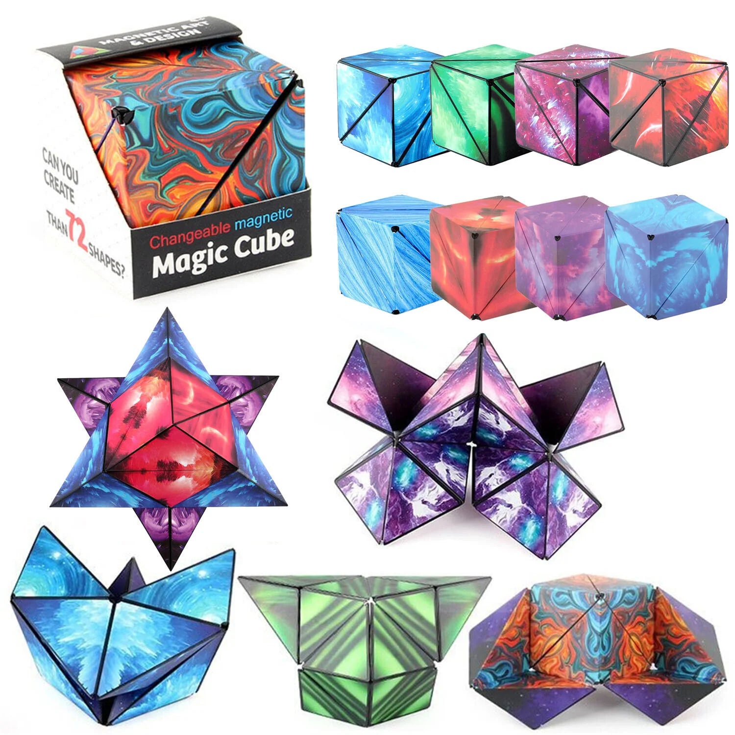 Colorful magnetic magic cube toy with packaging on a white background