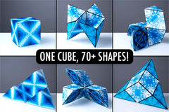 Blue geometric puzzle cube transforming into various shapes on a gray background